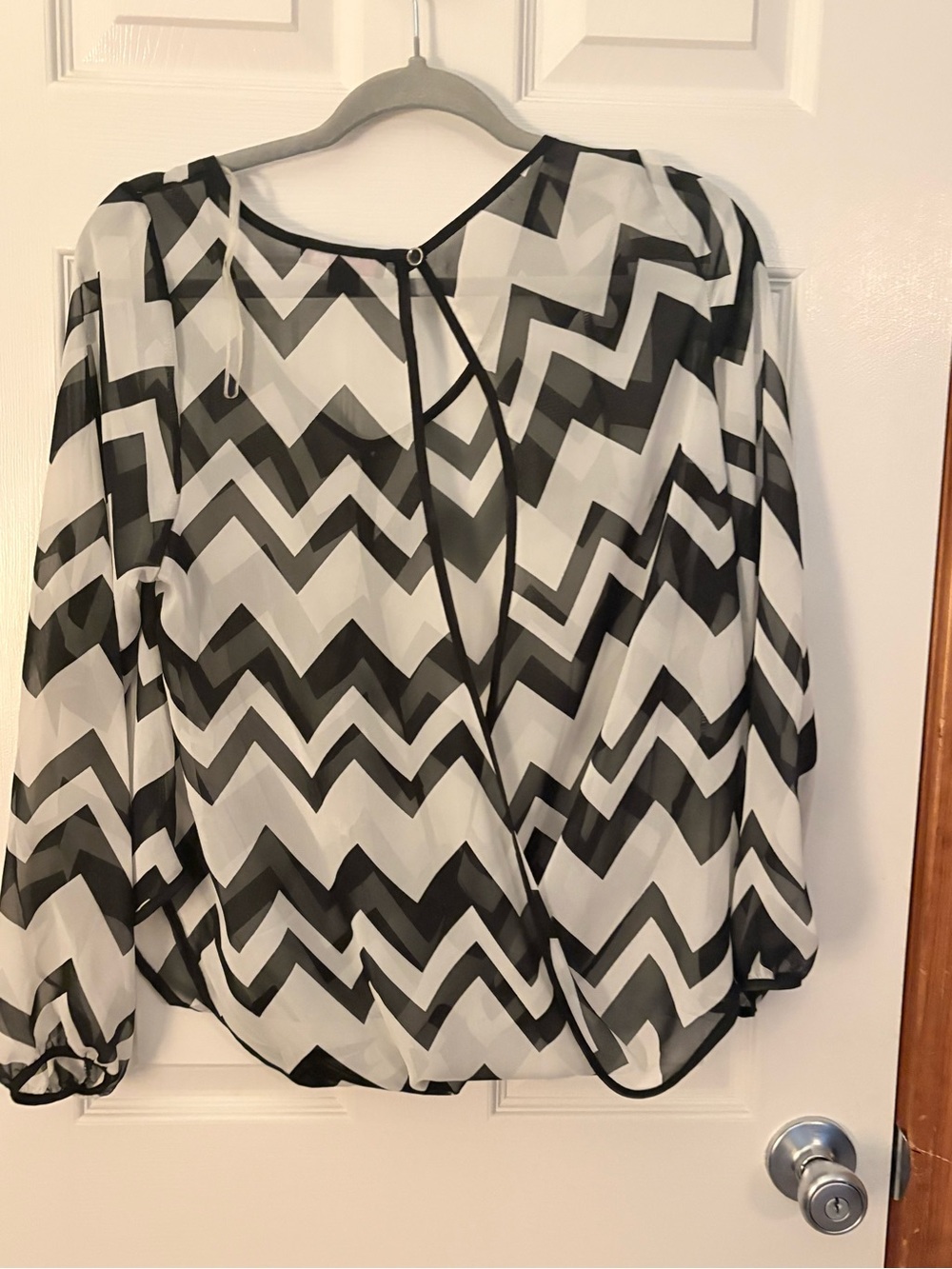 Black & White Chevron Sheer Wrap Blouse - Women Tops